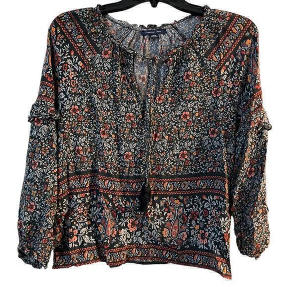 AE American Eagle Green Floral Boho Cottagecore Ruffle tassels Blouse Size S